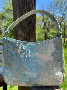 Brahmin Aqua and Gold/Cream Croc-Embossed Shoulder Bag EUC